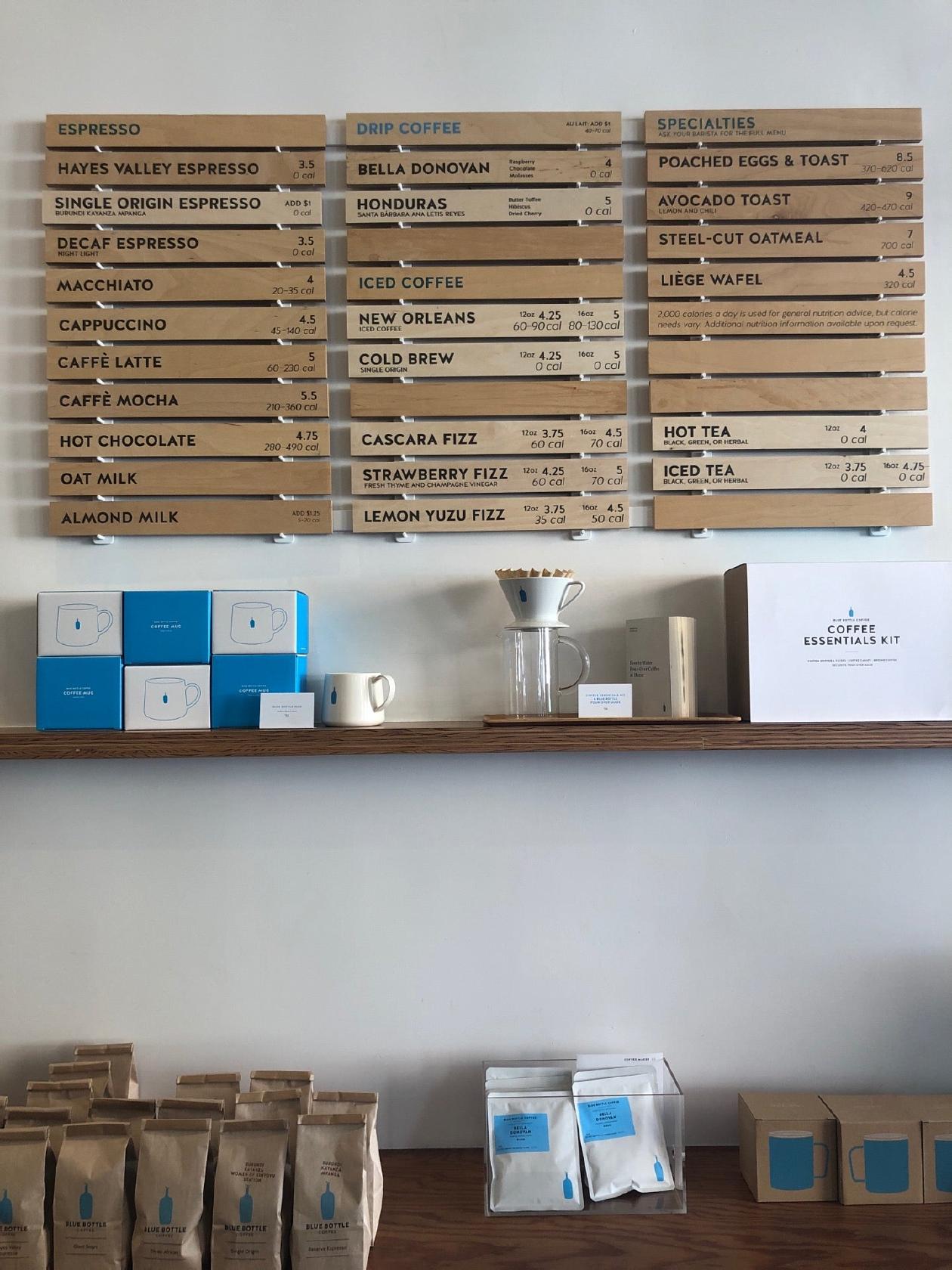 Menu at Blue Bottle Coffee restaurant, Beverly Hills, 132 S Beverly Dr