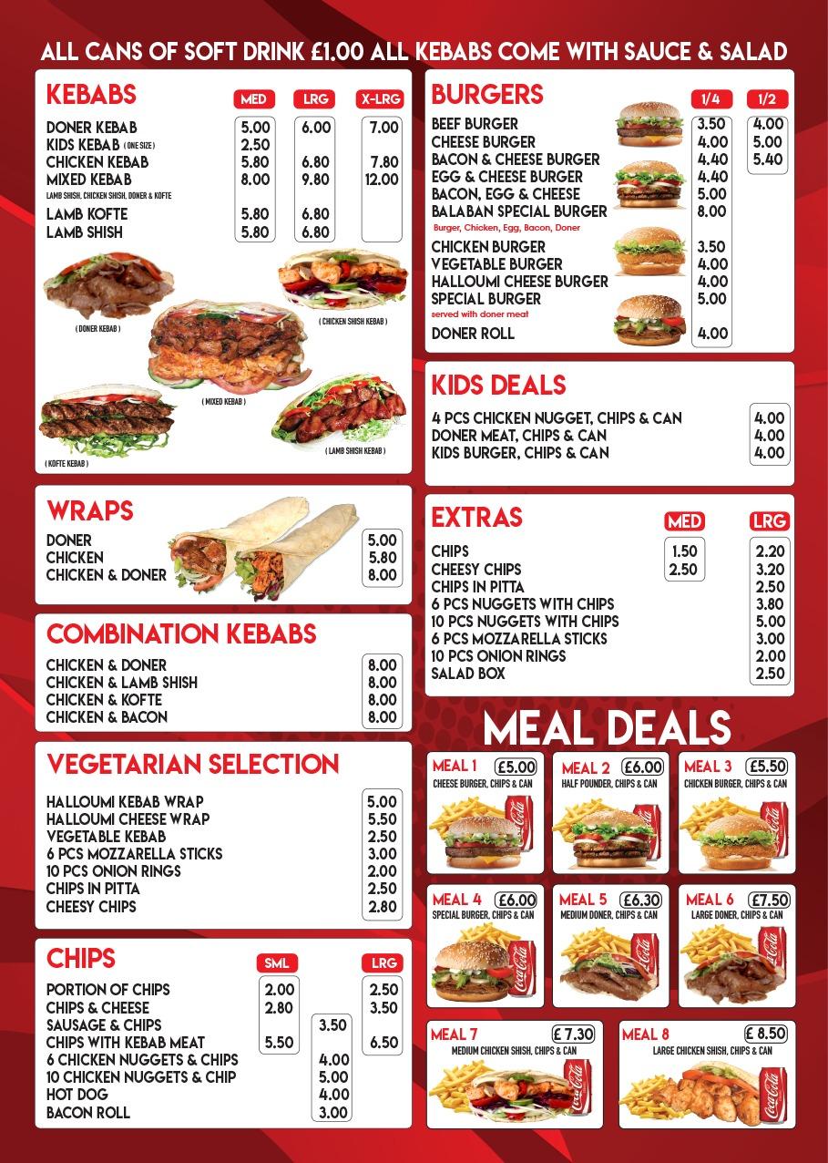 Menu at Balaban Kebab Van restaurant, Cambridge