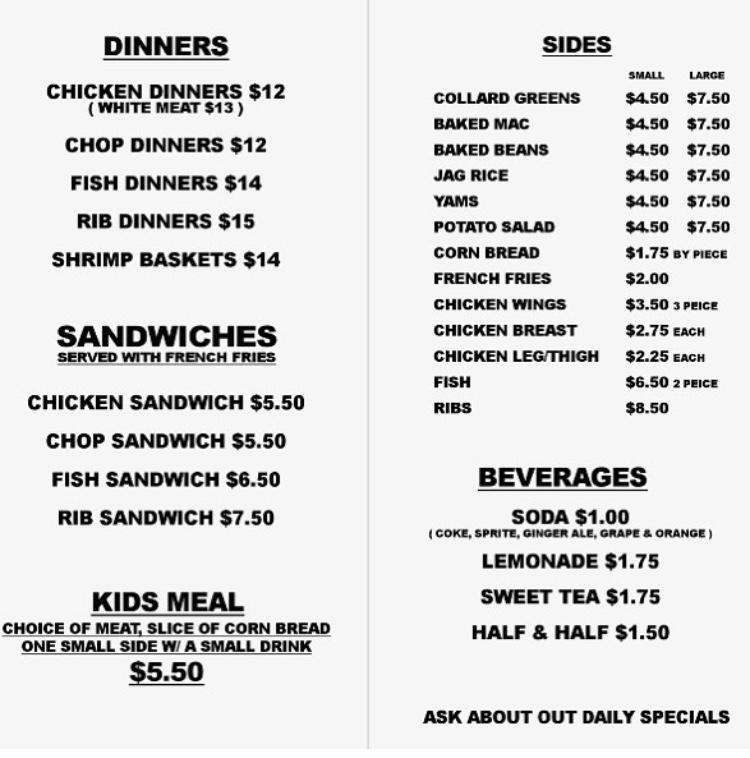 Menu at Geegees Southern Cuisine restaurant, Providence