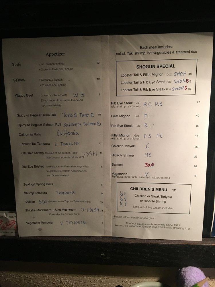 Menu at Japanese Village restaurant, Ottawa