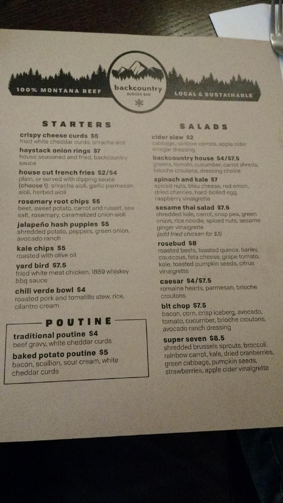 Menu at Backcountry Burger Bar, Bozeman
