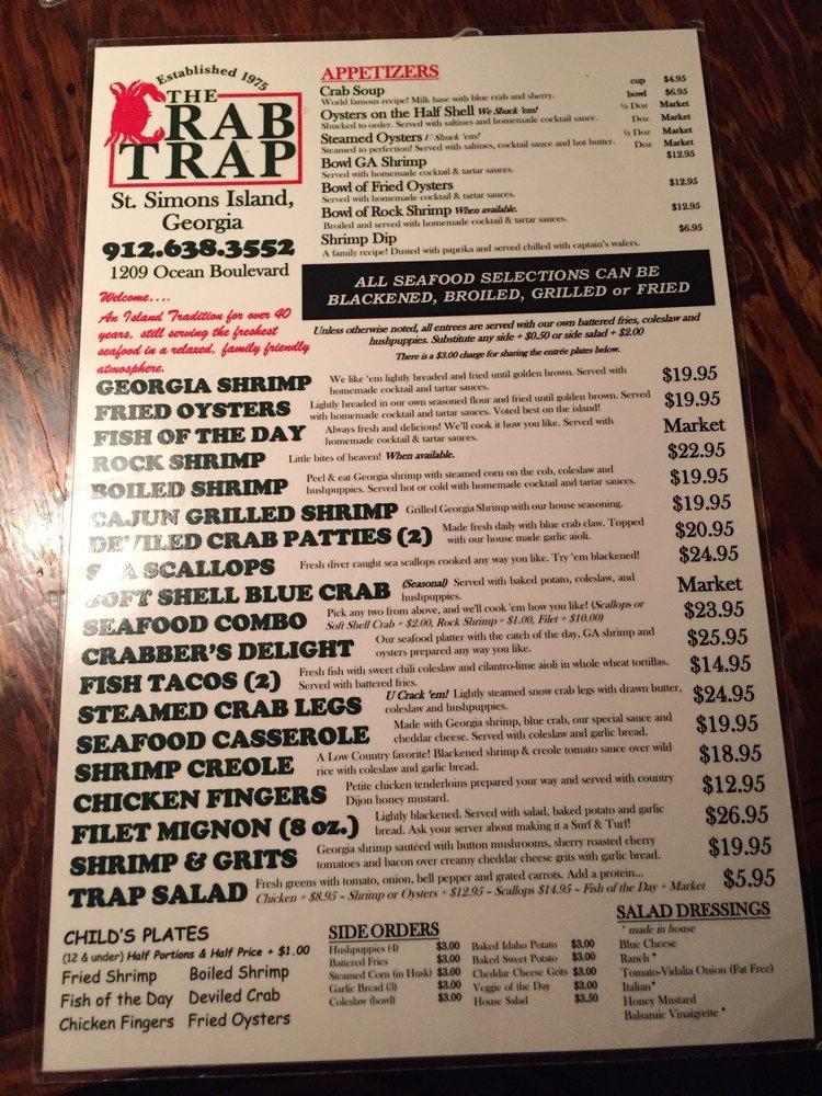 Menu at The Crab Trap pub & bar, Saint Simons Island