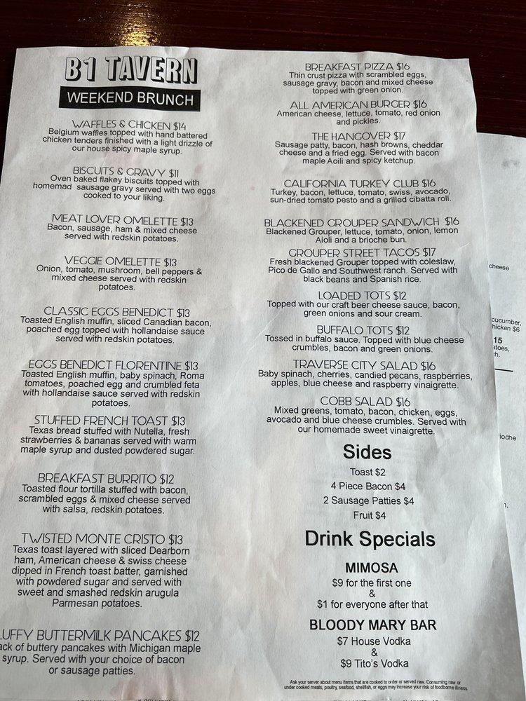 Menu at B1 Tavern pub & bar, Keego Harbor