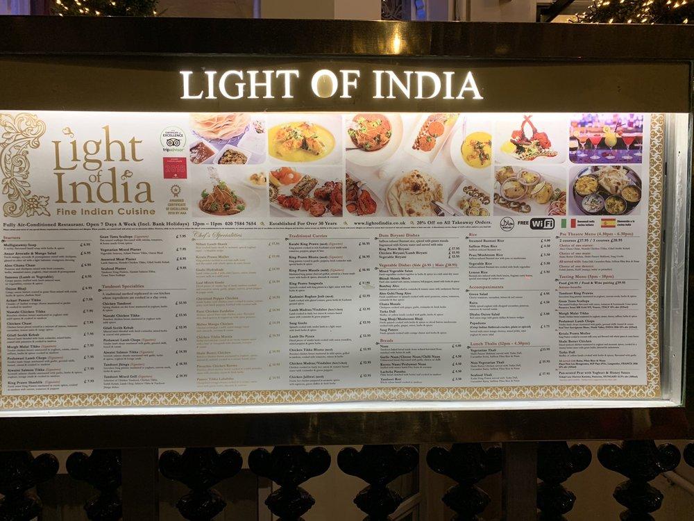 Menu at Light Of India restaurant, London, 6769 Gloucester Rd