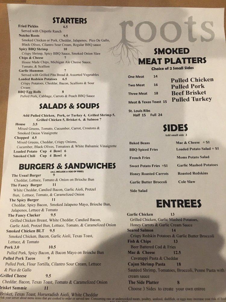Menu at Roots BBQ, Almont
