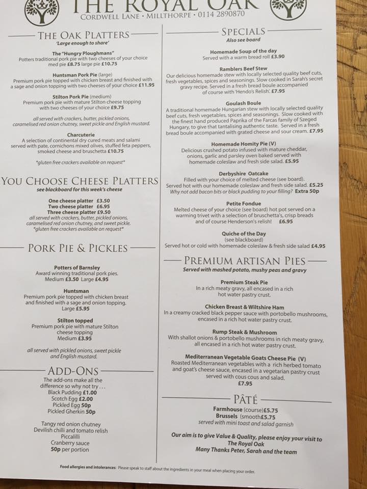 Menu At Royal Oak Pub Bar Dronfield