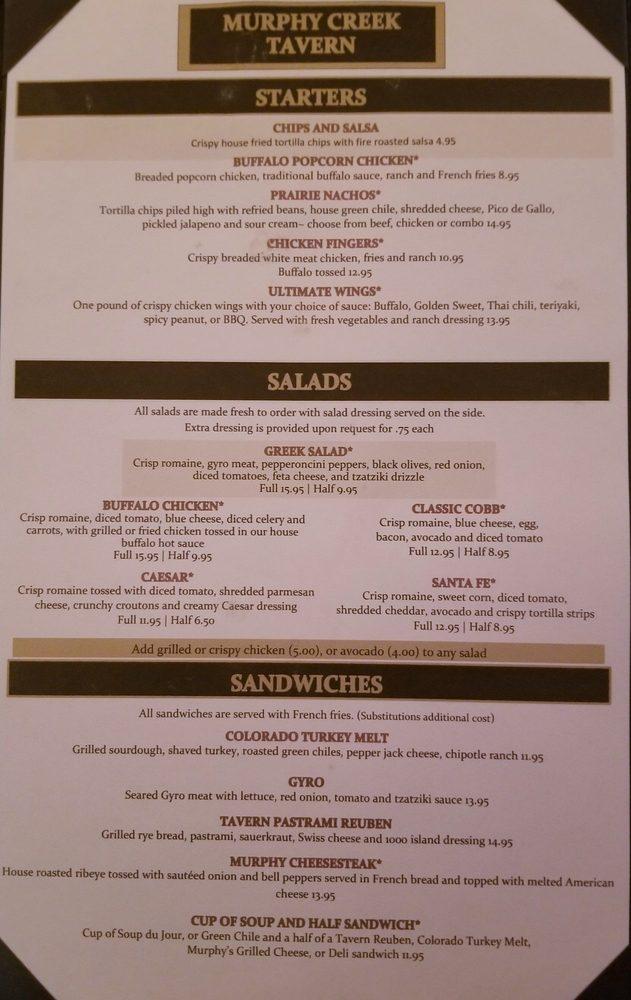 Menu at Murphy Creek Tavern pub & bar, Aurora