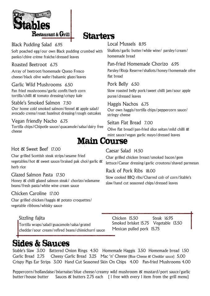 Menu at The Stables Restaurant & Grill, Fort William, Fort William