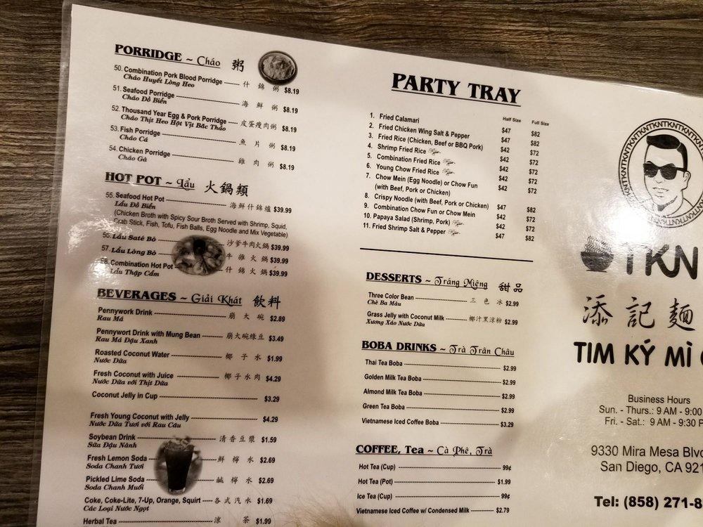 Menu at Tim Ky Noodle restaurant, San Diego