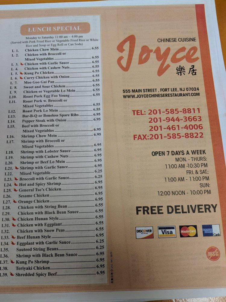 Menu at Joyce restaurant, Fort Lee