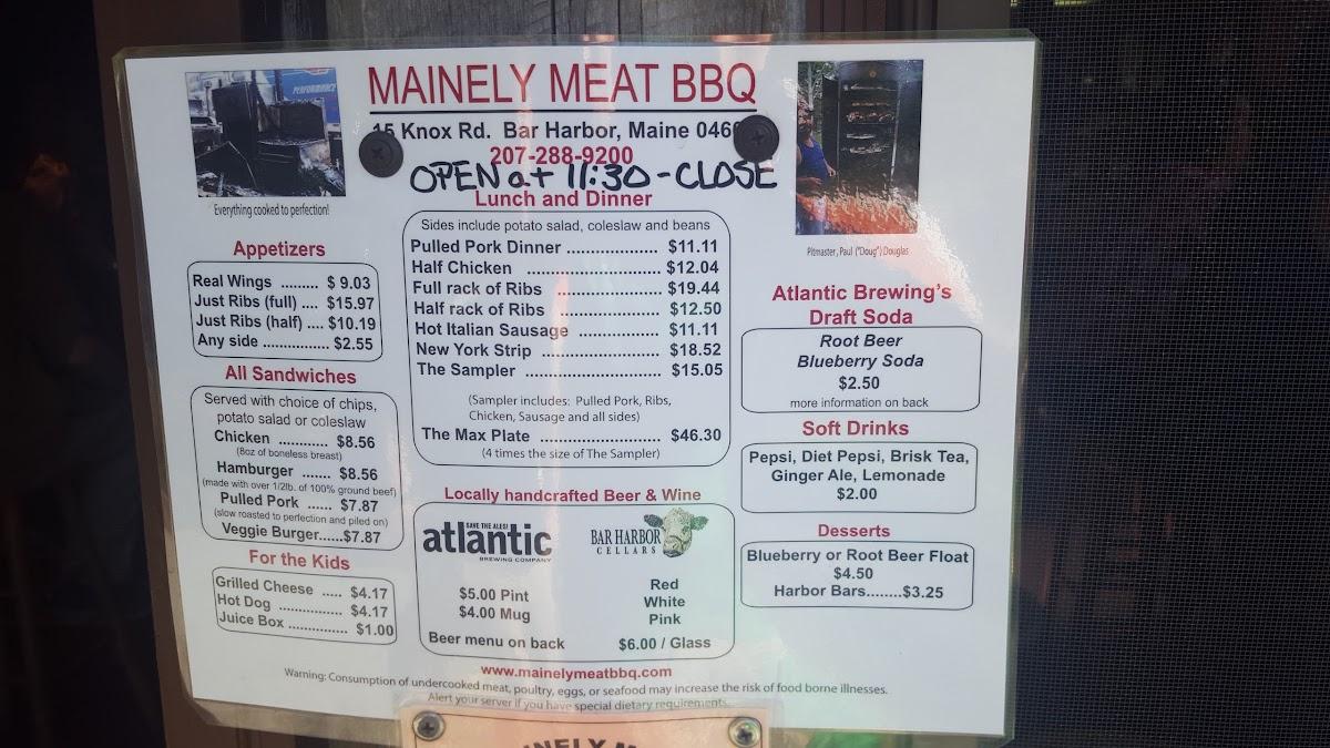 Menu at Mainely Meat Barbeque At Atlantic Brewing Company, Bar Harbor, 15 Knox Rd