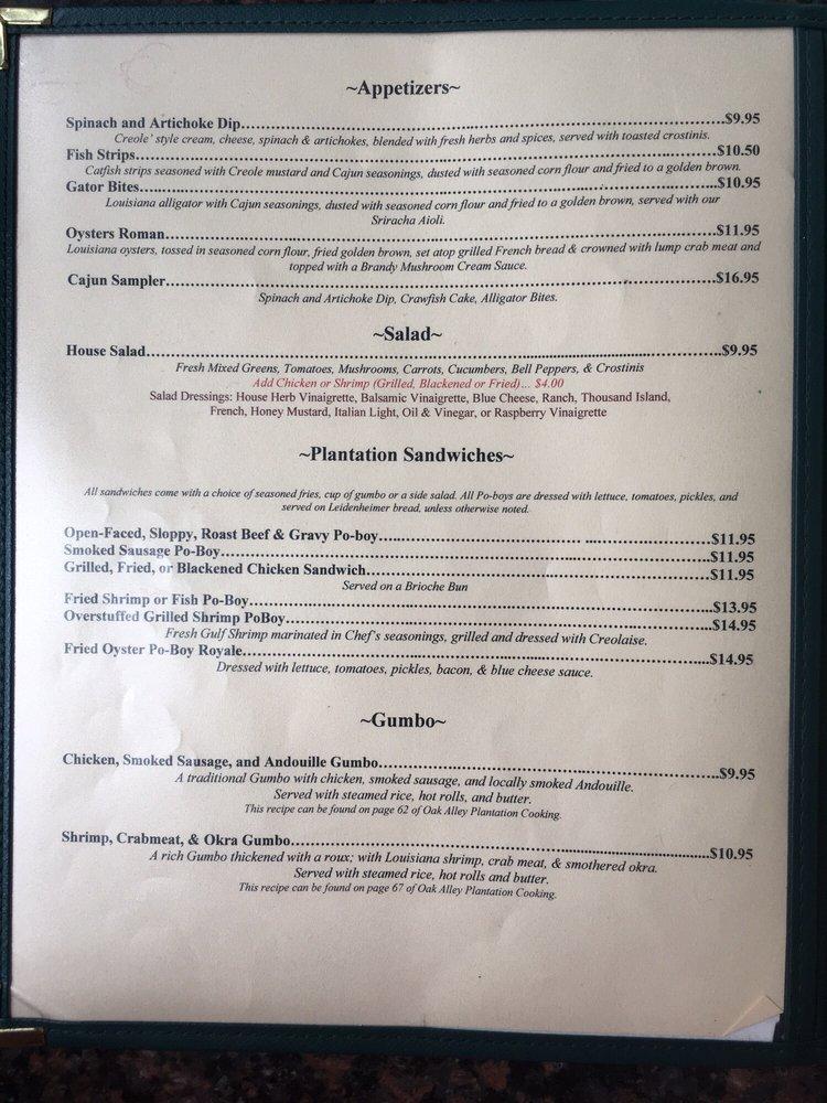 Menu at Oak Alley Plantation Restaurant, Vacherie