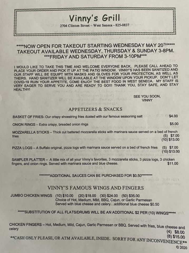 Menu at Vinny's pub & bar, Buffalo, Clinton St
