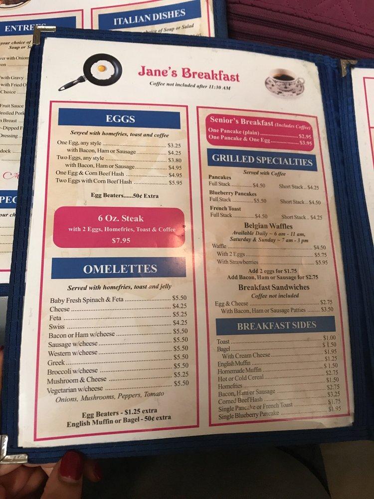 Menu at Jane's Diner restaurant, Binghamton