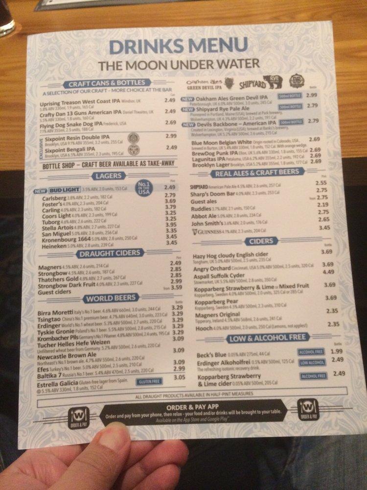 Menu At The Moon Under Water Jd Wetherspoon Pub Bar Manchester