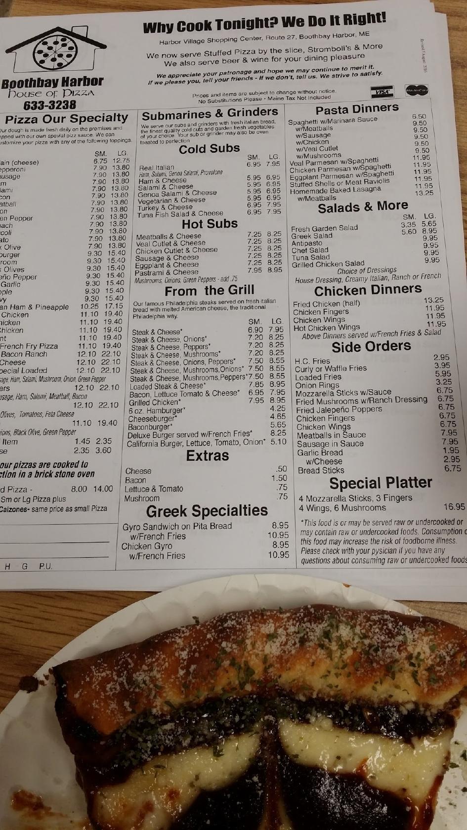 Menu at Boothbay Harbor House of Pizza pizzeria, Boothbay Harbor