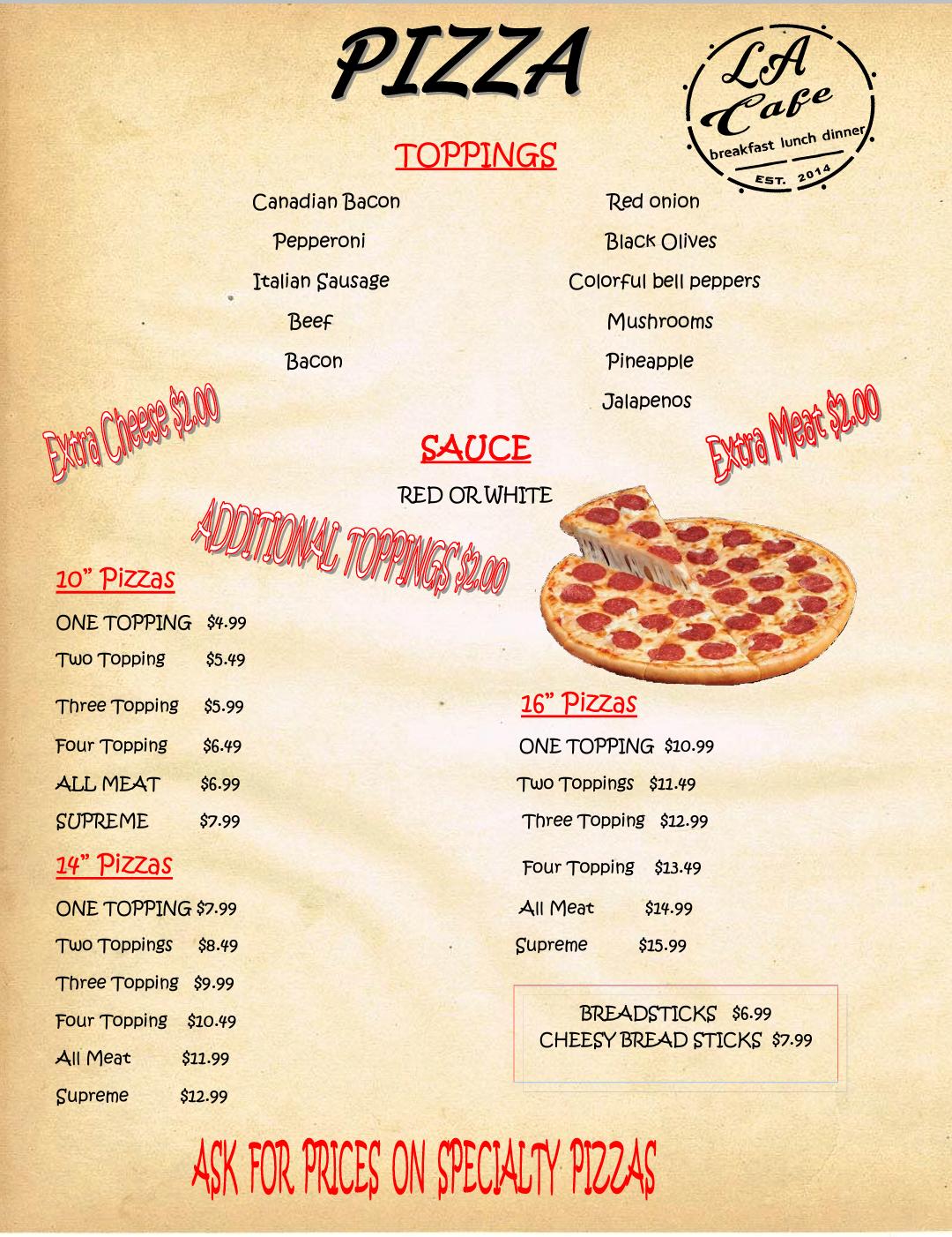 Menu at LA Cafe, Las Animas