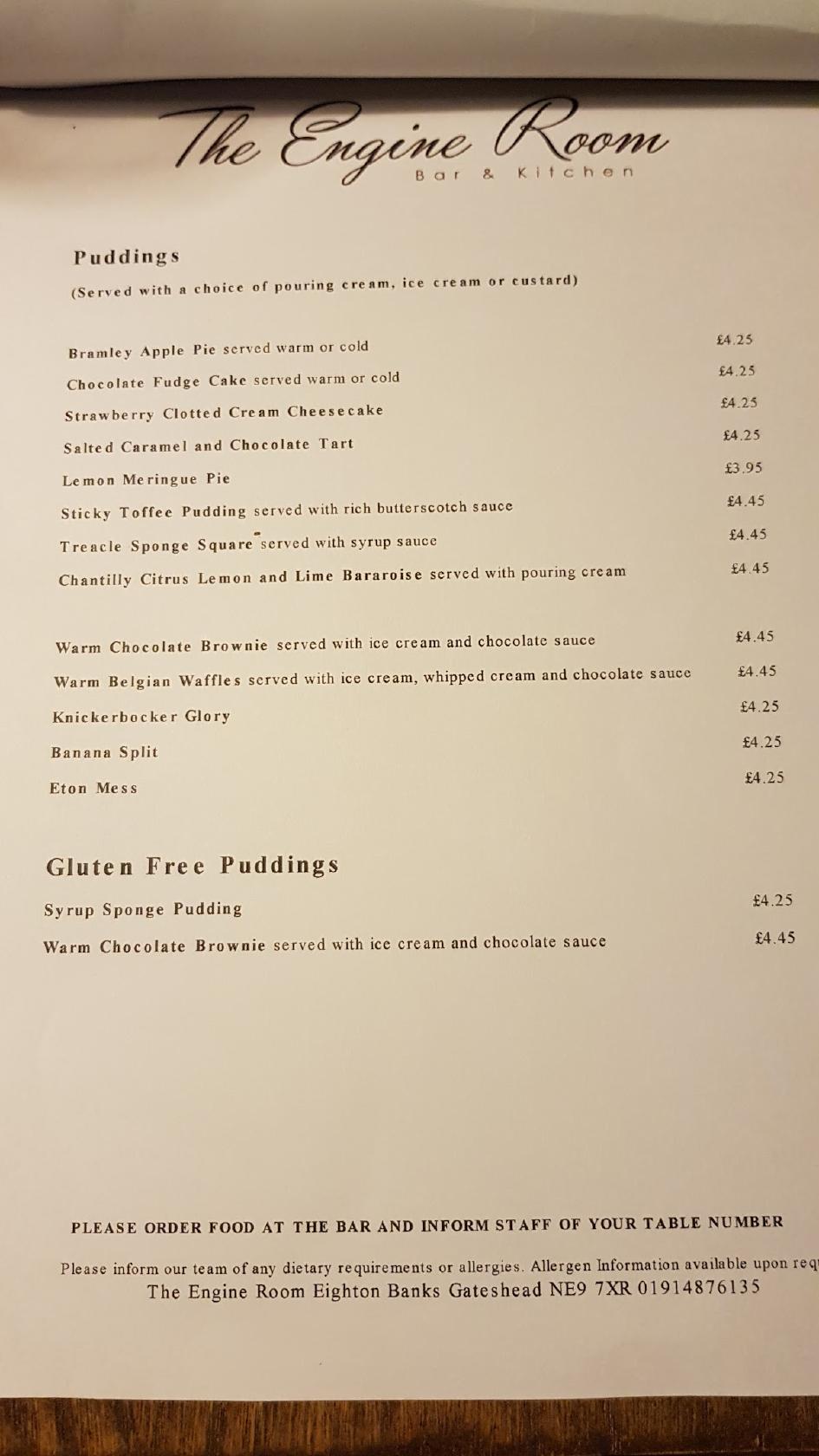 Menu at The Engine Room pub & bar, Gateshead