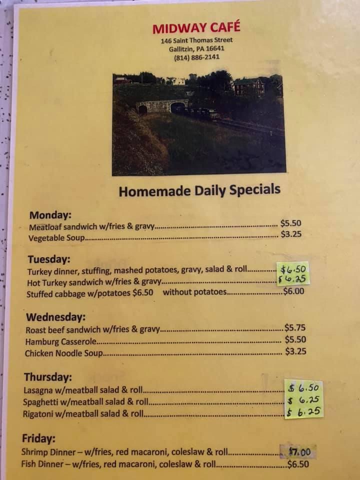 Menu at Midway Cafe, Gallitzin