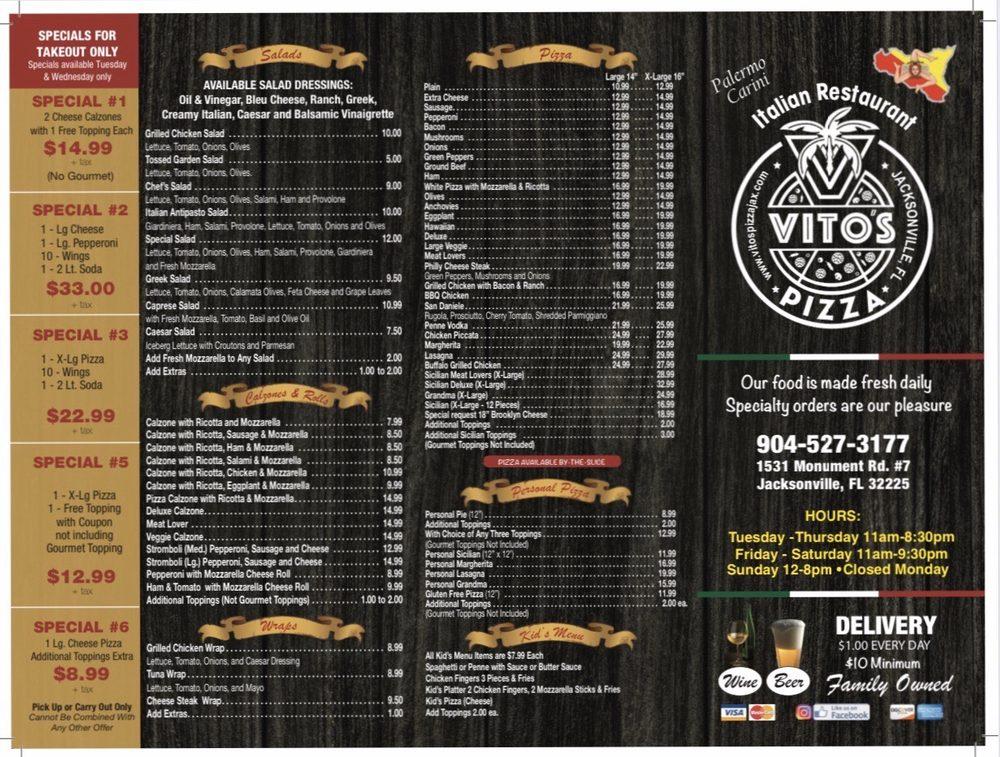 Menu at Vito's Pizza pizzeria, Jacksonville