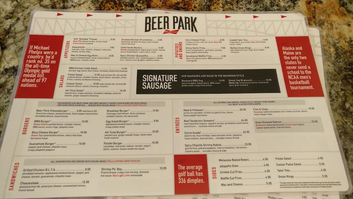 Menu at Beer Park pub & bar, Las Vegas, S Las Vegas Blvd