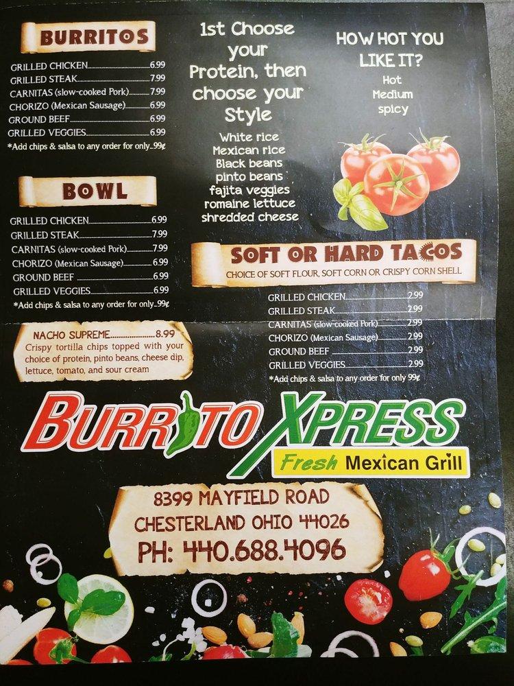 Menu at Burrito Xpress Fresh Mexican Grill restaurant, Chesterland