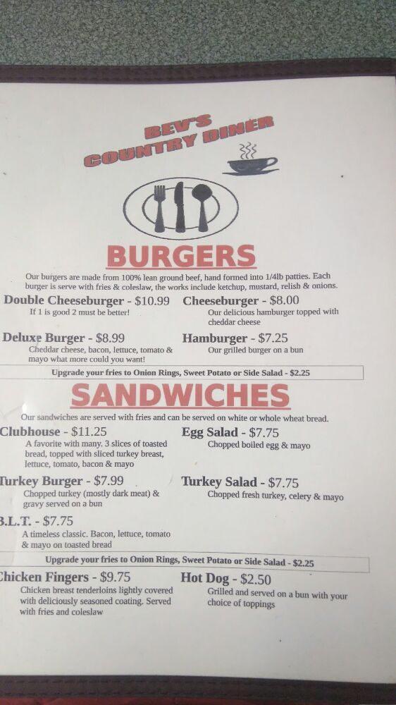 Menu at Bev's Country Diner restaurant, Upper Stewiacke