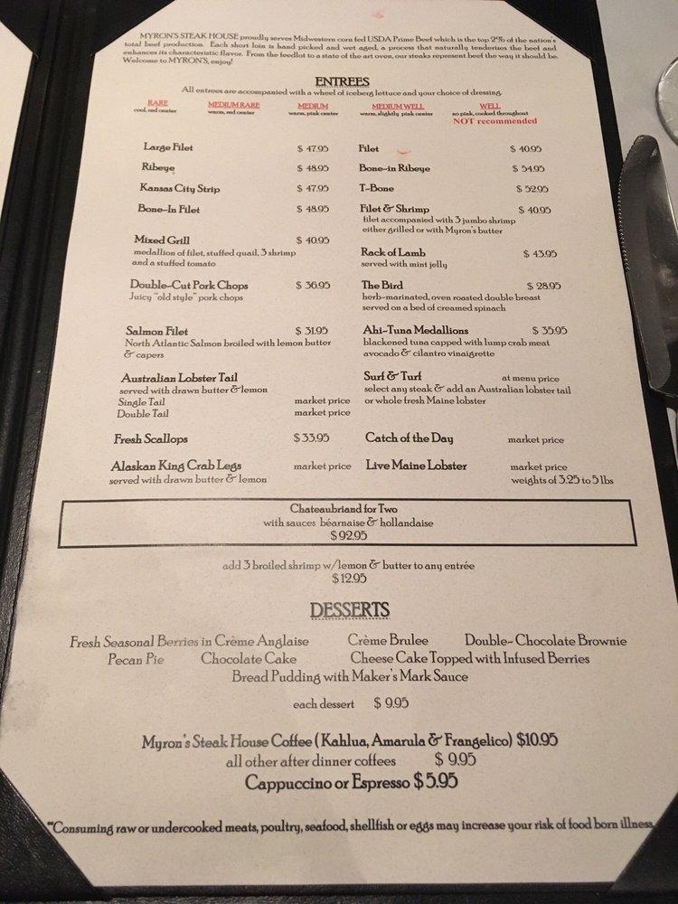 Menu at Myron's Prime Steakhouse, San Antonio, NW Military Hwy
