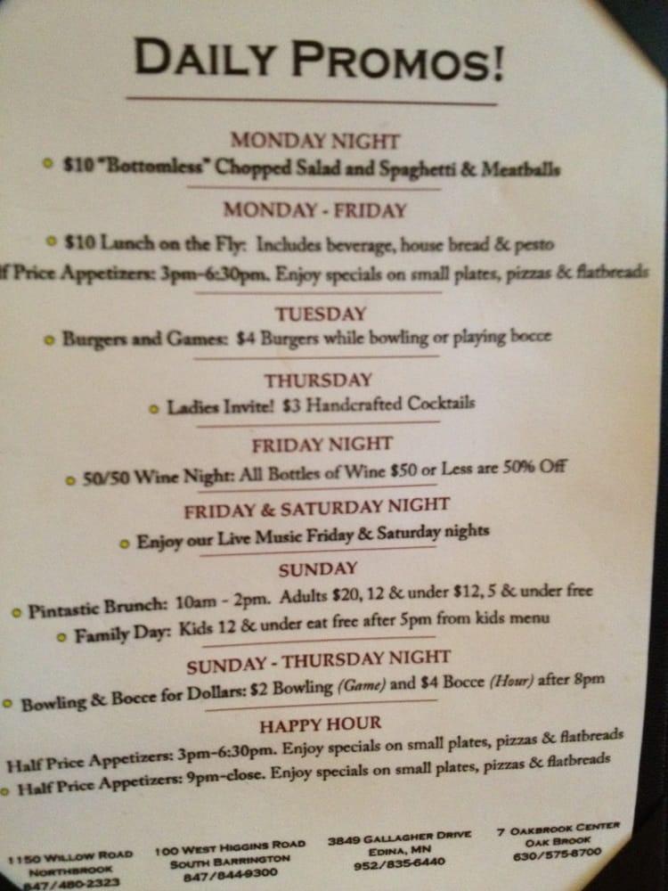 Menu at Pinstripes restaurant, Oak Brook, 7 Oakbrook Center