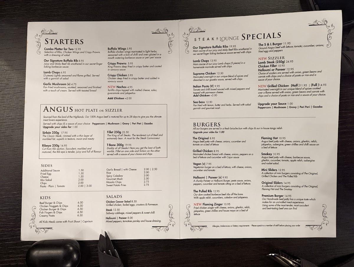 Menu at Steak and Lounge Restaurant, Leicester