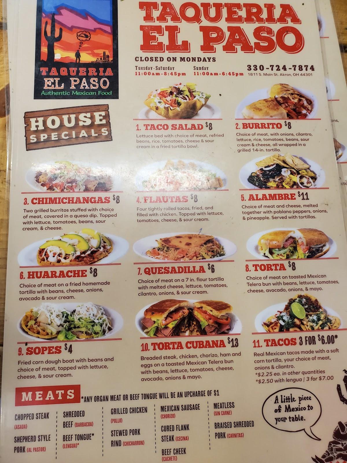 Menu at Taqueria El Paso restaurant, Akron, 1811 S Main St