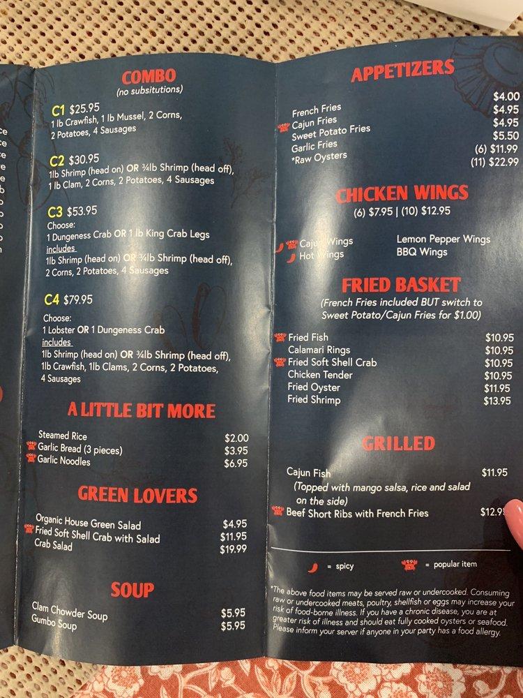 Menu at Bag O' Crab restaurant, Vallejo