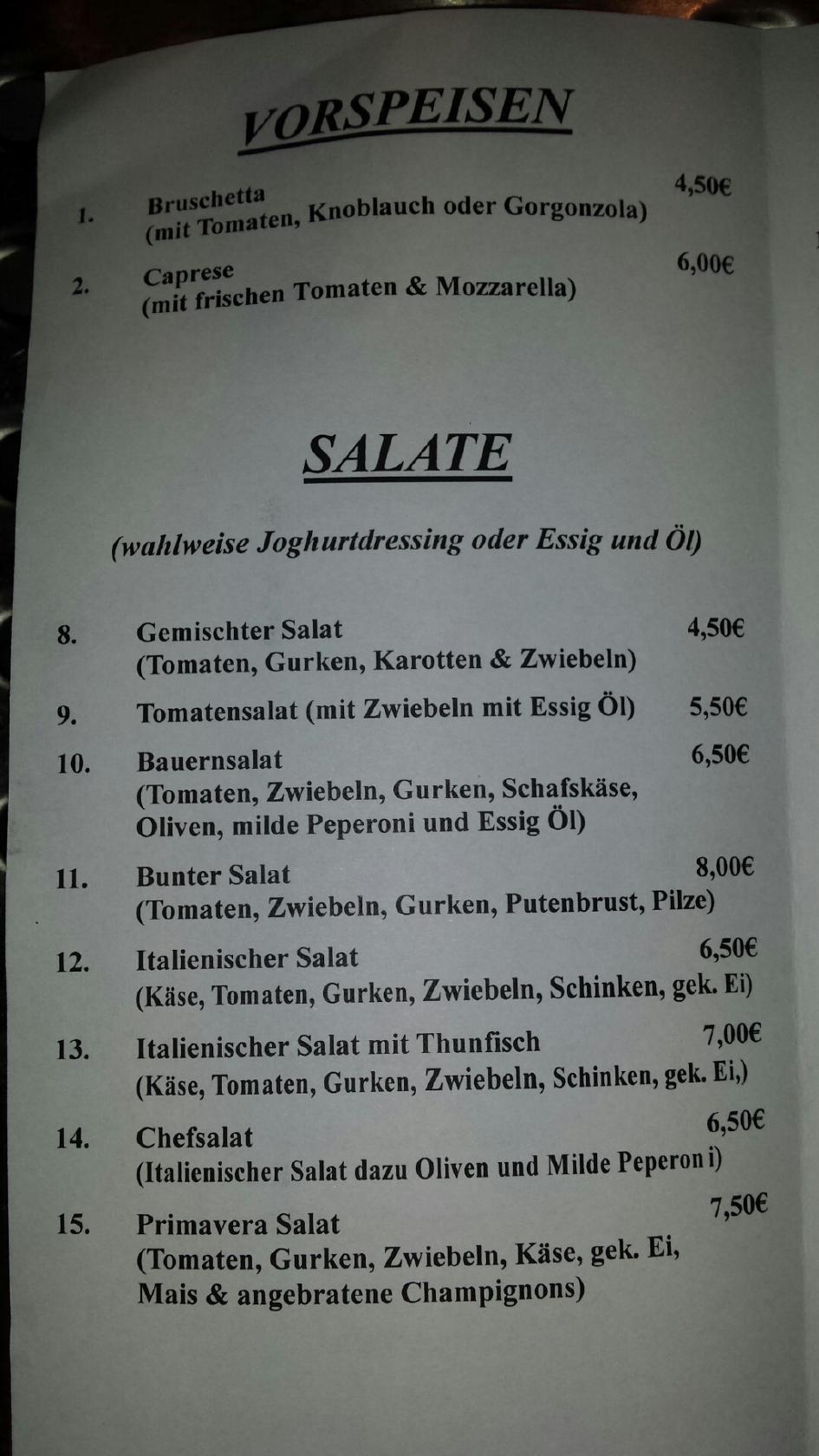 Speisekarte von Pizzeria Porto Bello, Wendelsheim