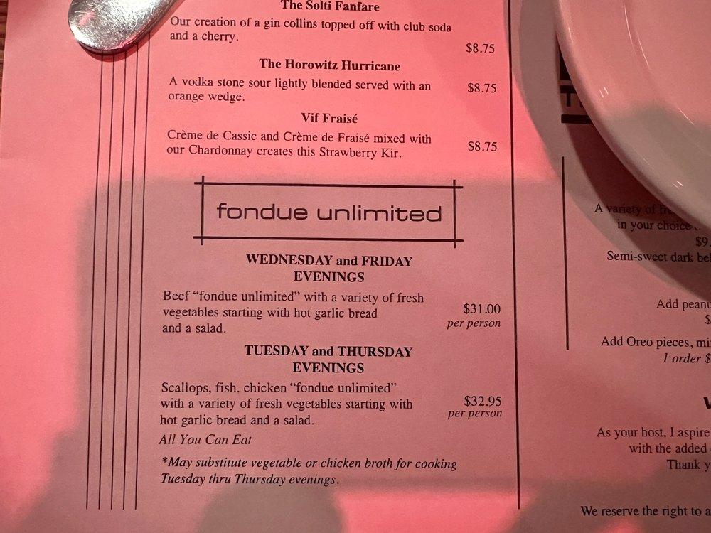 Menu at Fondue Stube restaurant, Chicago
