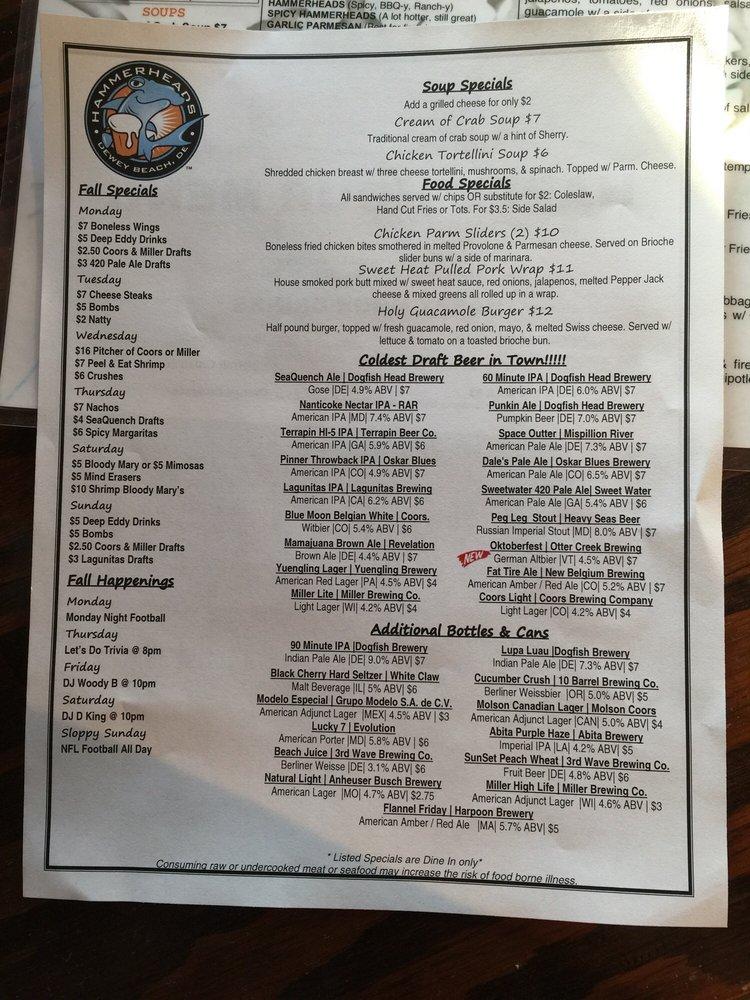 Menu at Hammerheads pub & bar, Dewey Beach, Coastal Hwy