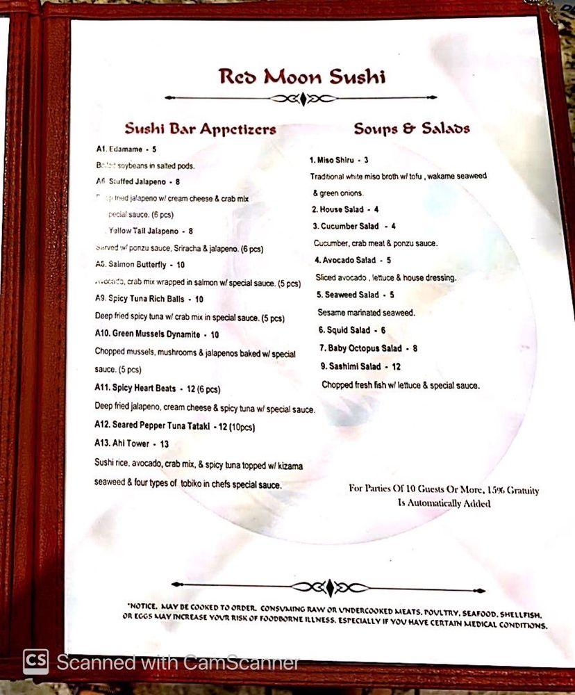 Menu at Red Moon restaurant, Tahlequah