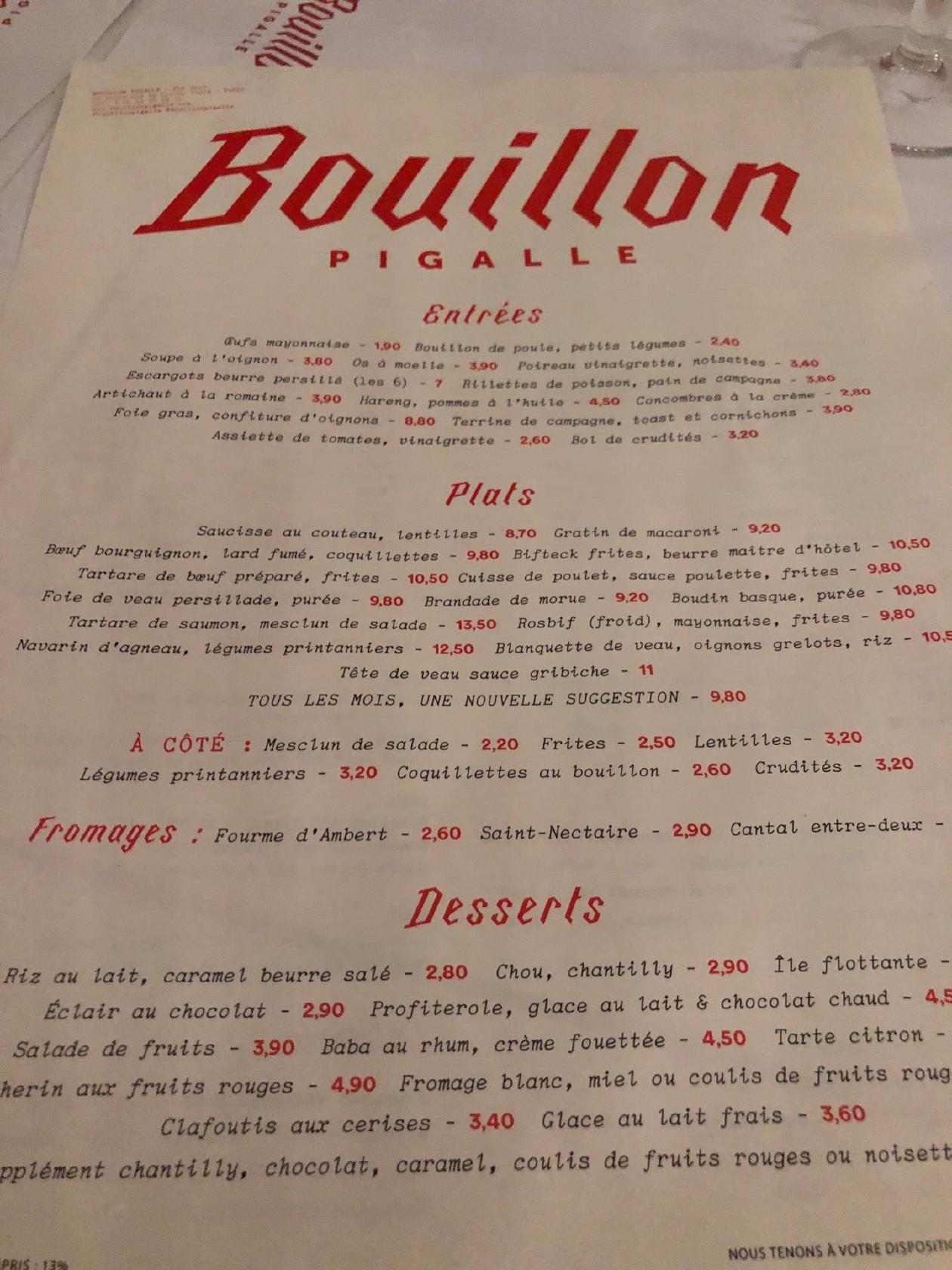 Menu at Bouillon Pigalle restaurant, Paris