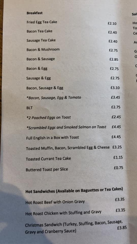 Menu at Lindley's cafe, Huddersfield