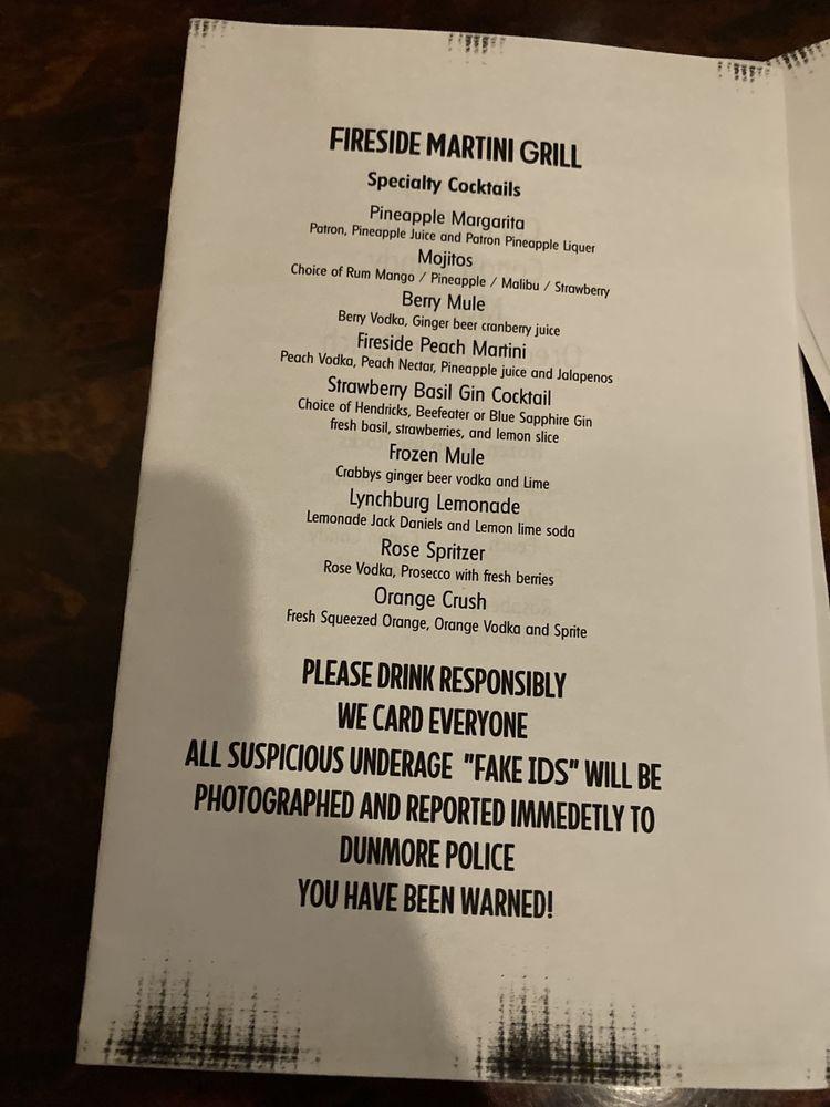 Menu at The Fireside Martini Grill, Inc. pizzeria, Dunmore