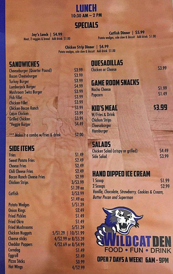 Menu at Wildcat Den restaurant, Brownsville
