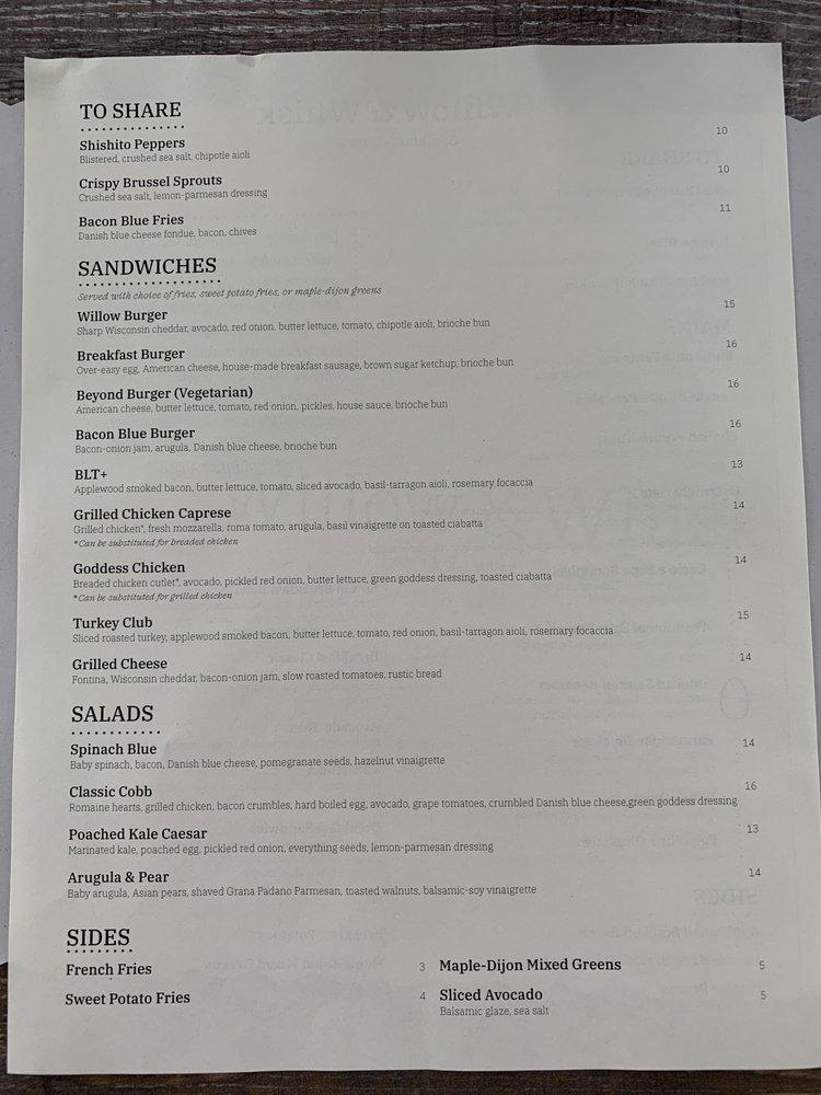 Menu at Willow & Whisk restaurant, Wyckoff