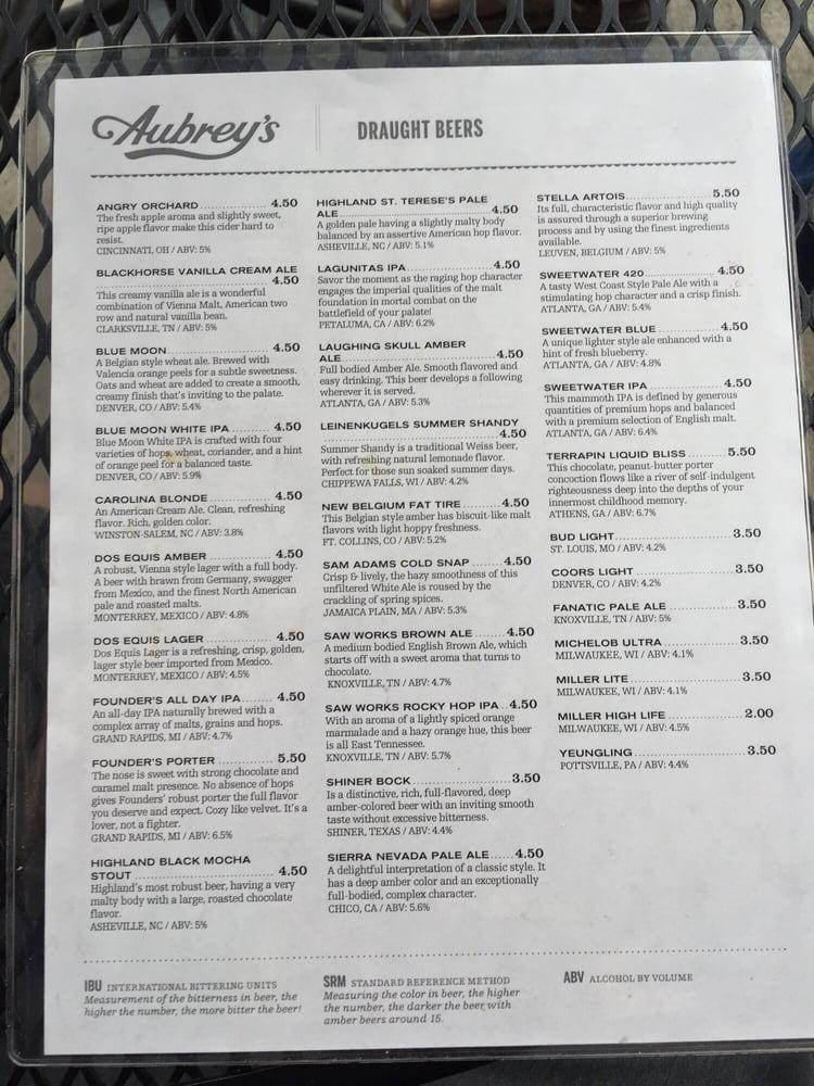 Menu at Aubrey's Cedar Bluff pub & bar, Knoxville, Middlebrook Pike