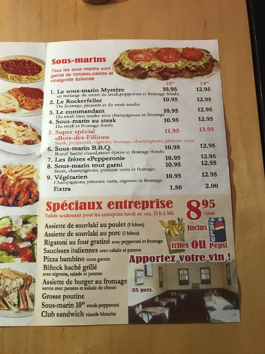 Menu au Brochetterie Bois des Filion Pizzeria, BoisdesFilion