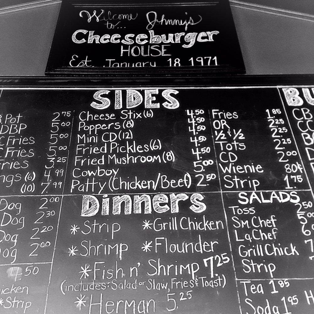 Menu at Johnny's Cheeseburger House restaurant, Six
