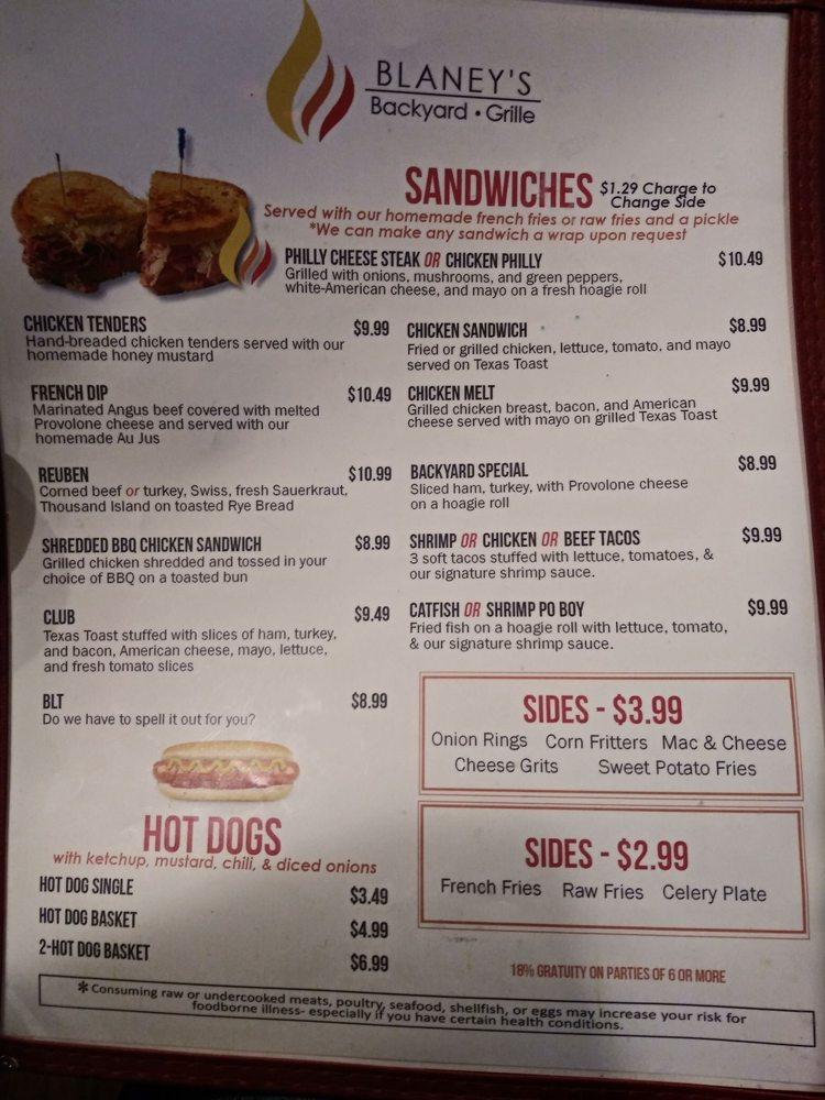 Menu at Blaney's Backyard Grille pub & bar, Elgin