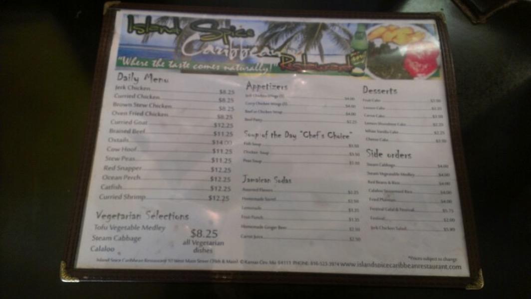 Menu at Island Spice restaurant, Kansas City