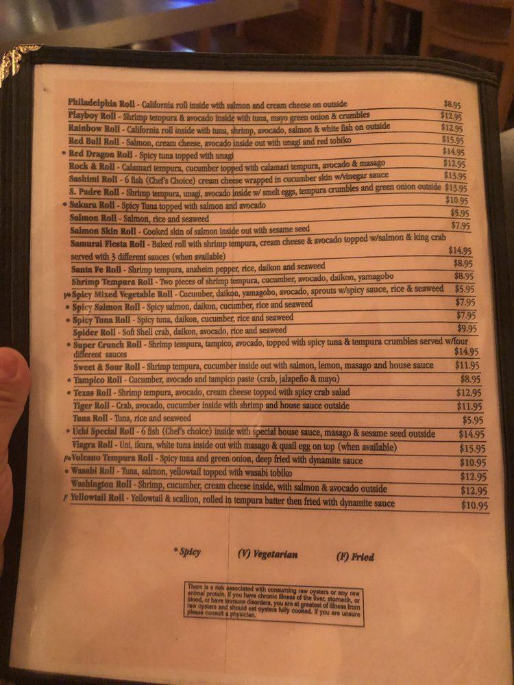 Menu at Kohnami restaurant, South Padre Island