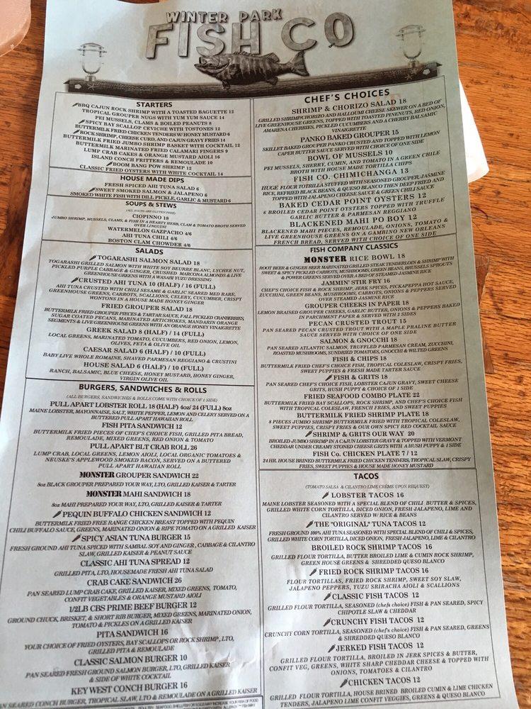 Menu at Winter Park Fish Company restaurant, Winter Park