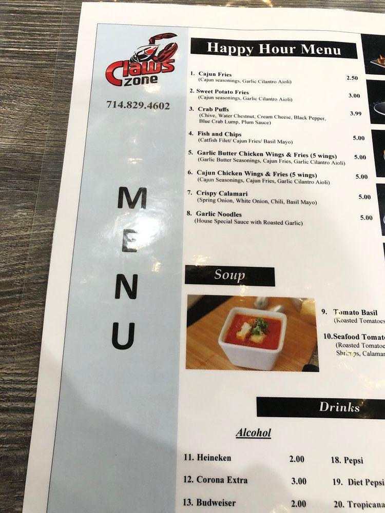 Menu at Claws Zone Anaheim restaurant, Anaheim