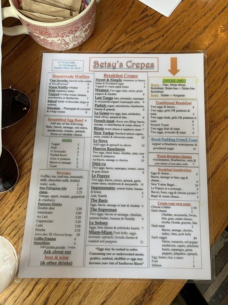 Menu At Betsy's Crepes Restaurant, Southern Pines